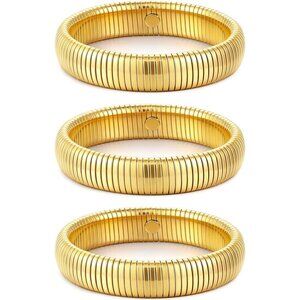 Gold Bangle Set 3 Chunky Stretch 24K Gold 12mm Plated Stainless Steel Wide Stack